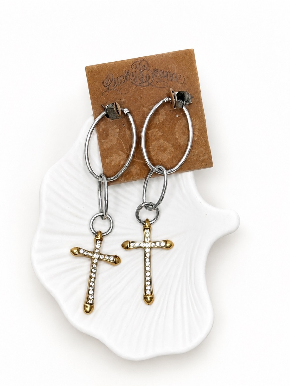 Lucky 🍀 Brand | Cross Hoop Earrings | Two-Tone Rhinestone Dangle Earrings